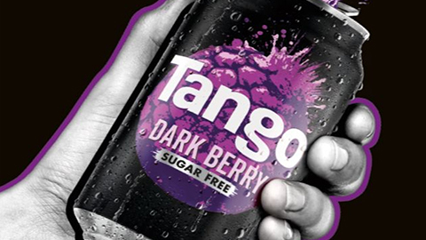An image of a hand holding a purple can of tango